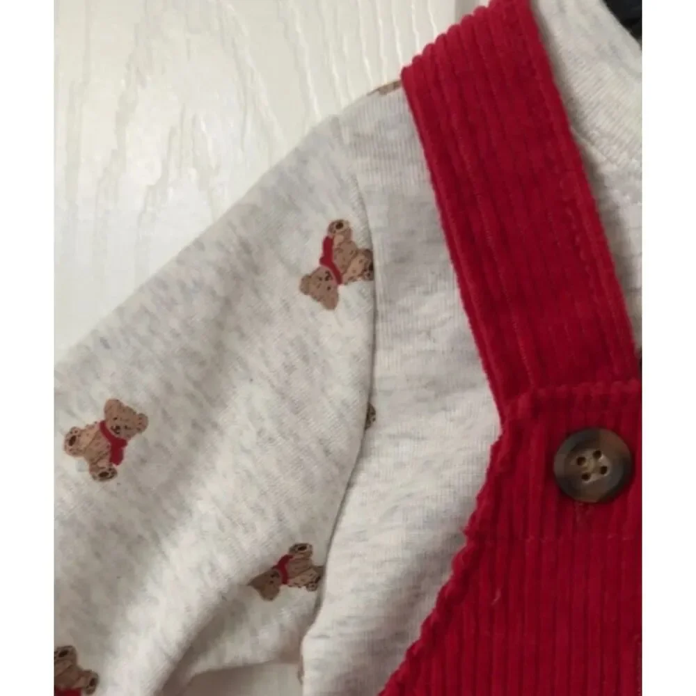 NEW Boys Sz 12 Months Red Corduroy Overalls & Teddy Bear Theme Shirt 2 Pc Outfit